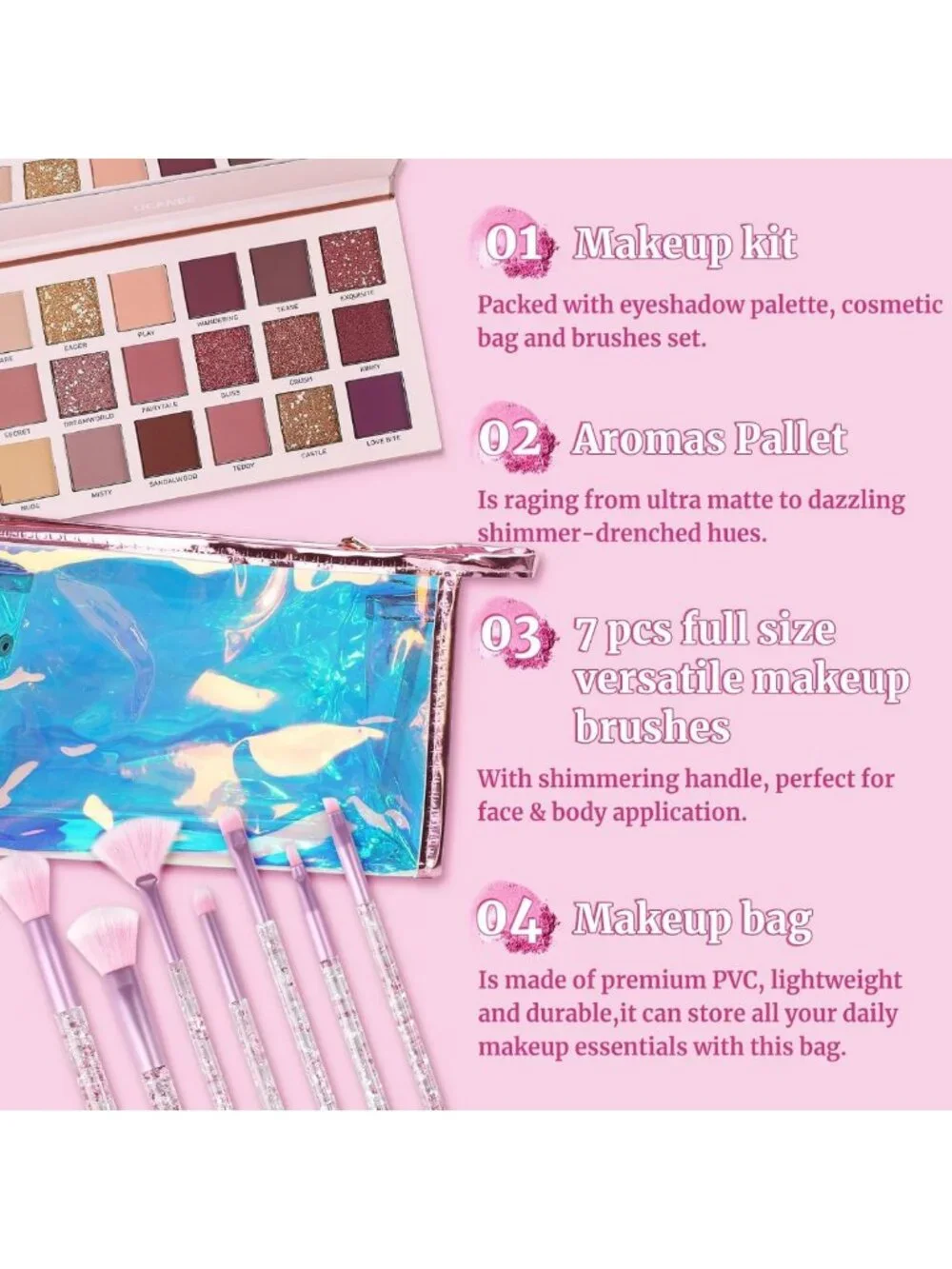 18 Color Nude Eyeshadow Palette + 7 Soft Brushes & Pink Cosmetic Bag Set for